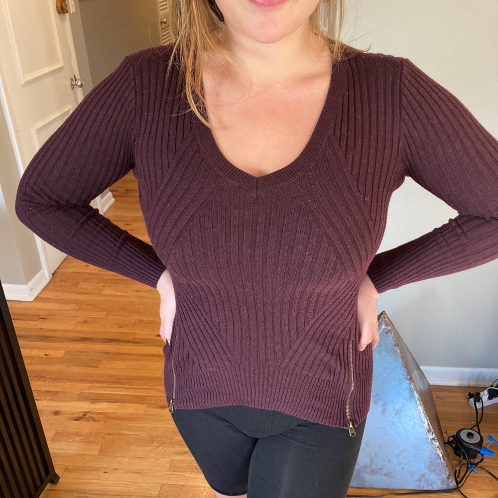 Cable-Knit V-Neck Sweater with Zipper Accents